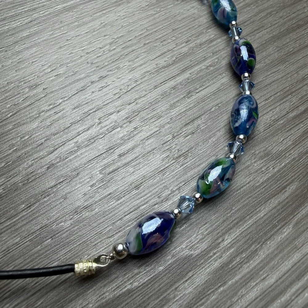 Macy's Sterling Silver Blue Green Glass Bead Black Cord Choker Necklace New